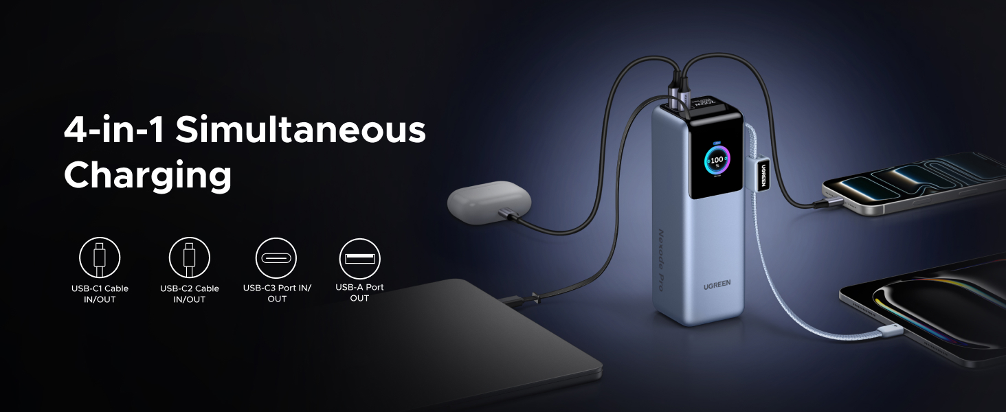 Text reads '3-in-1 Simultaneous Charging'. Multiple views of a black charging station with illuminated indicators and multiple device charging capabilities.
