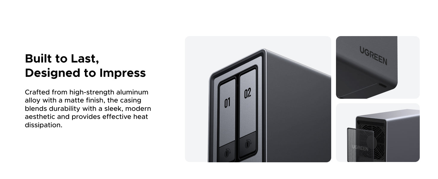 UGREEN NAS storage 2 bay Premium aluminum alloy NAS casing with matte finish, combining robust durability, 