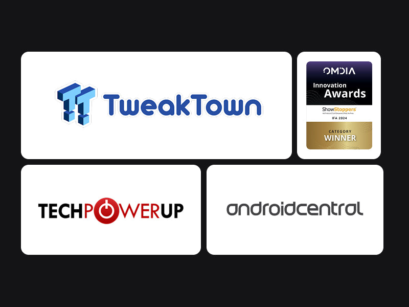 TueokTown product showcased with 'TECHPOWERUP' and 'Android Central' media badges, winner of ONDIA Innovation Awards in its category.