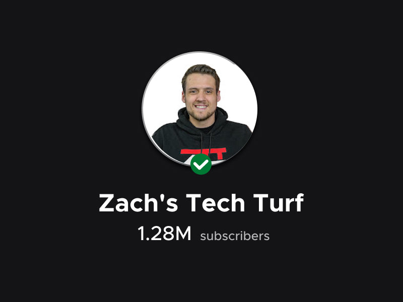 Zach's Tech Turf YouTube channel branding with 1.28 million subscribers, featuring in-depth tech product reviews and analysis.