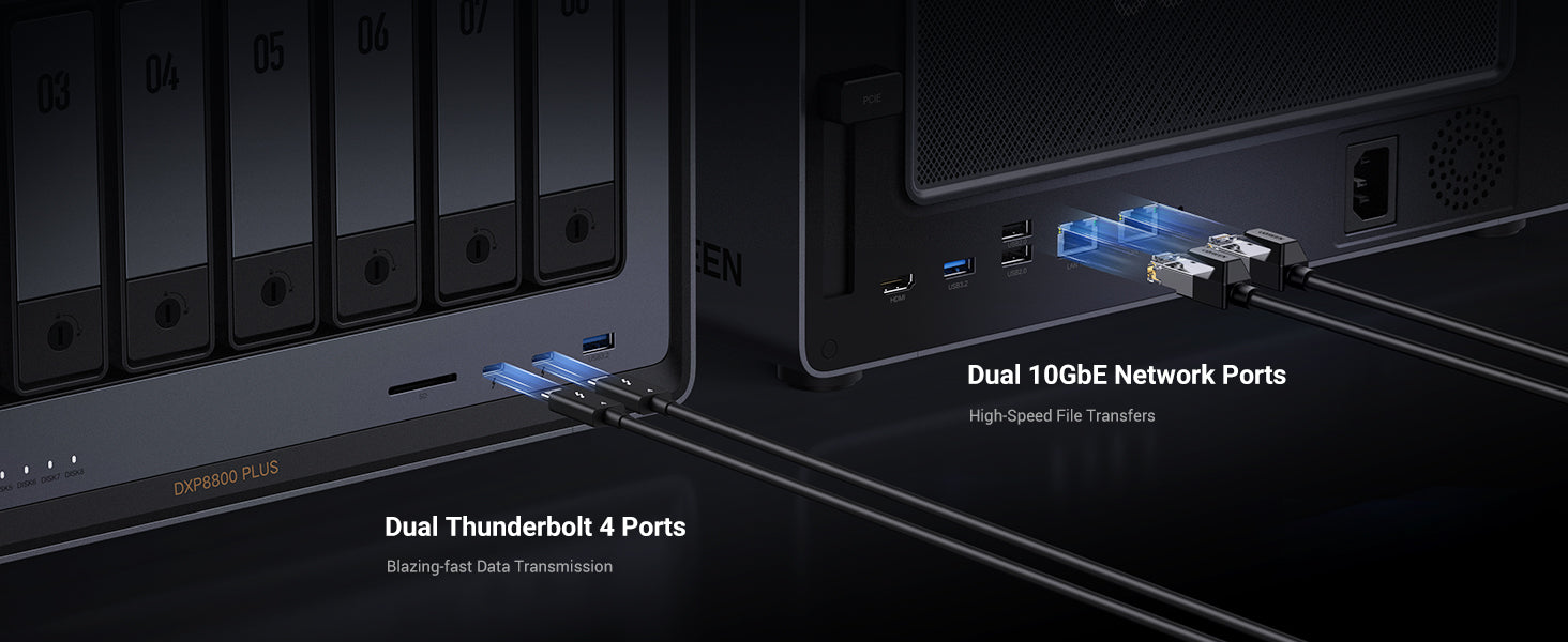 UGREEN 8bay NAS storage Dual 10GbE and Thunderbolt 4 ports for high-speed data transfer.