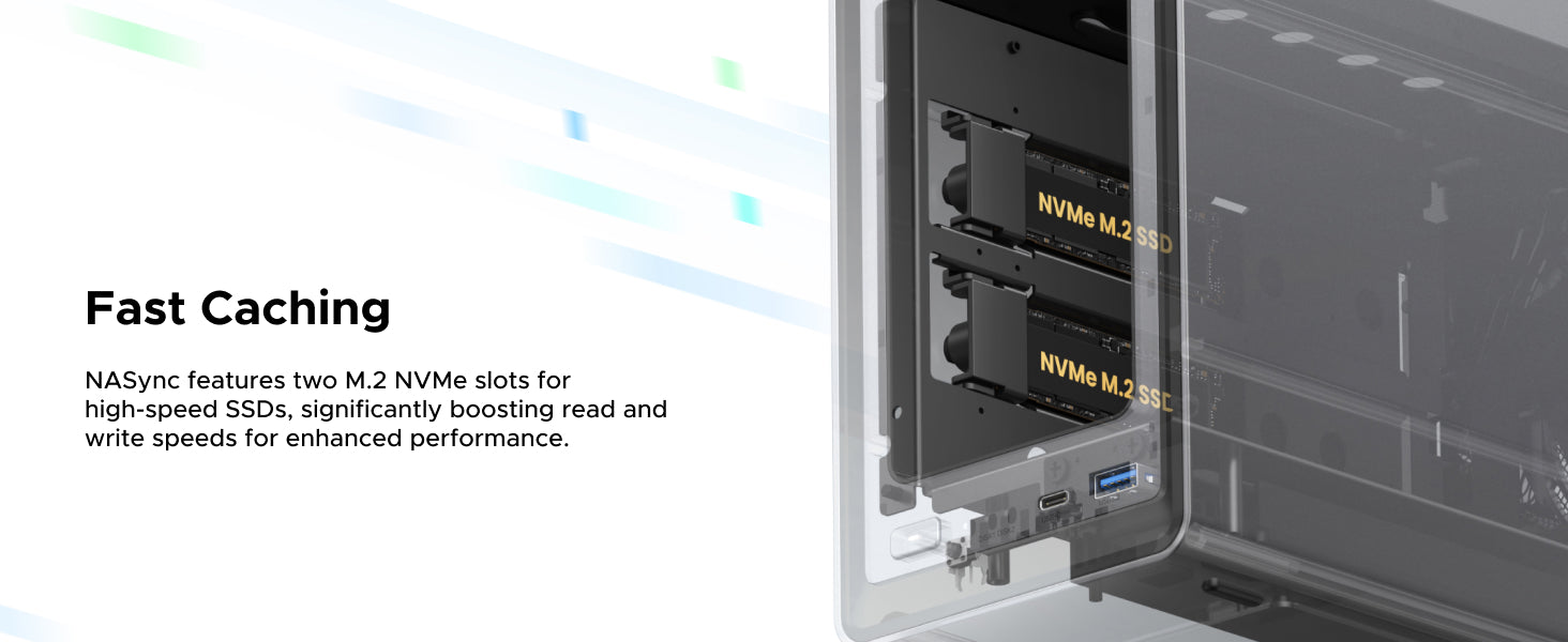 Dual M.2 NVMe SSD slots in UGREEN NAS storage 2 bay for high-speed caching, accelerating read/write performance for demanding workloads.
