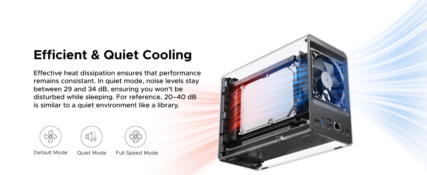 UGREEN NAS storage 2 bay Dual-mode cooling system: High-efficiency heat dissipation maintains performance, while quiet mode operates at 29-34dB (library-level silence) for undisturbed sleep environments.
