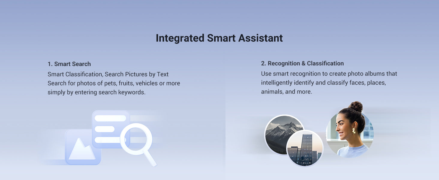 UGREEN NAS Storage Smart assistant features for NAS: text/image search, automatic photo classification by faces, places, and objects.