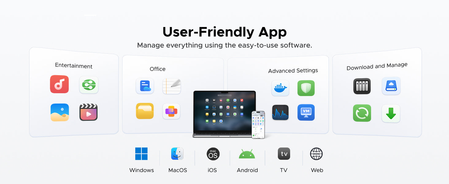 UGREEN AI NAS 2 baywith Cross-platform management app (Windows/macOS/iOS/Android/TV/Web) with intuitive interface for entertainment, office tasks, downloads, and advanced system controls.