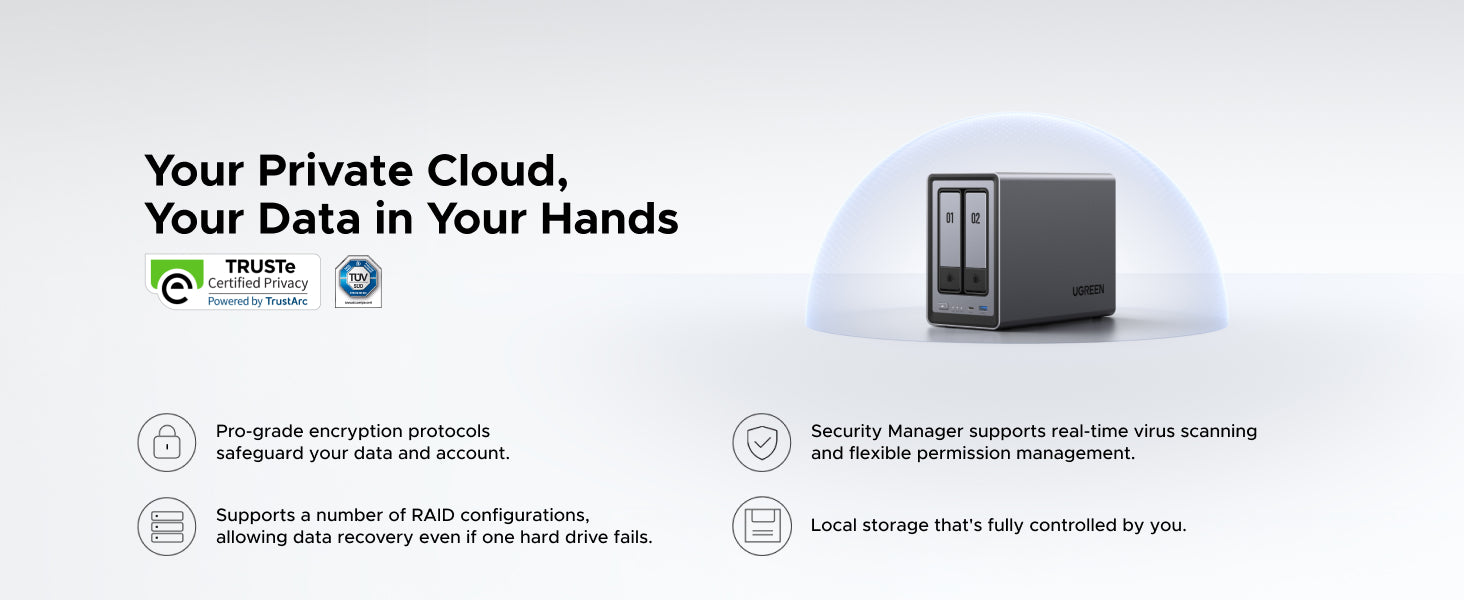 UGREEN NAS storage 2 bay Self-hosted private cloud with enterprise security: encryption, RAID, antivirus, and permission controls.