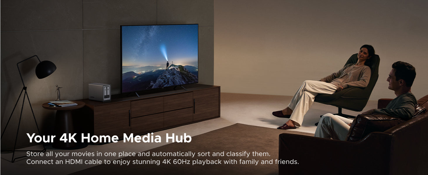 UGREEN 2 bay NAS storage 4K media hub with automated movie organization and HDMI 2.0 output (4K@60Hz) for high-quality home theater streaming.
