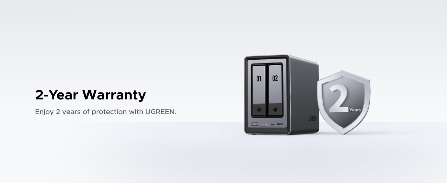 UGREEN Storage 2 bay UGREEN 2-year warranty coverage with year-by-year protection timeline visualization