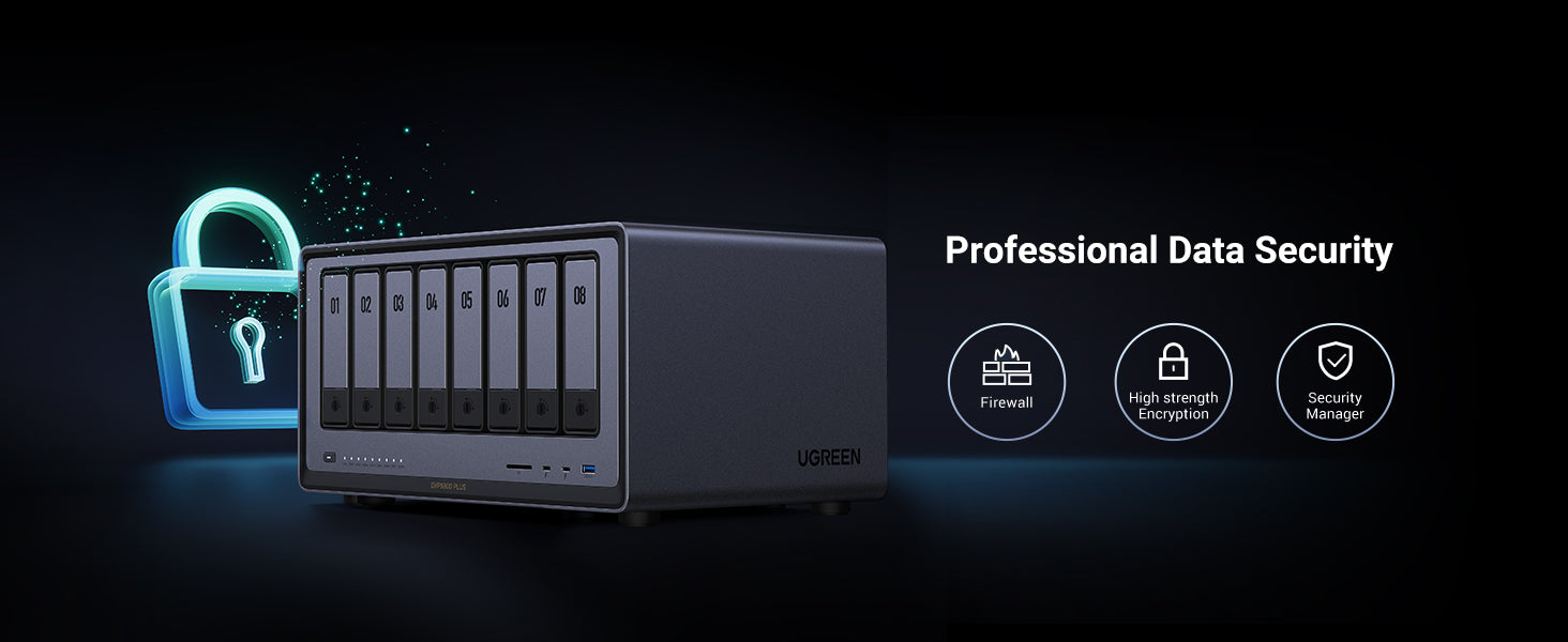 UGREEN 8 bay NAS storage Enterprise-grade data security suite: Firewall protection, military-grade encryption, and security management tools with USB/ECP compliance.