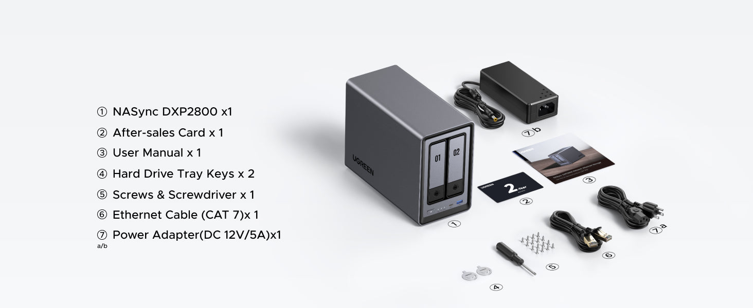 UGREEN NAS storage 2 bay package contents: Main unit, 2x SSD silicone pads, 2x CAT7 Ethernet cables, power adapter (12V/5A), drive tray keys, screws with tool, after-sales card, and user manual.