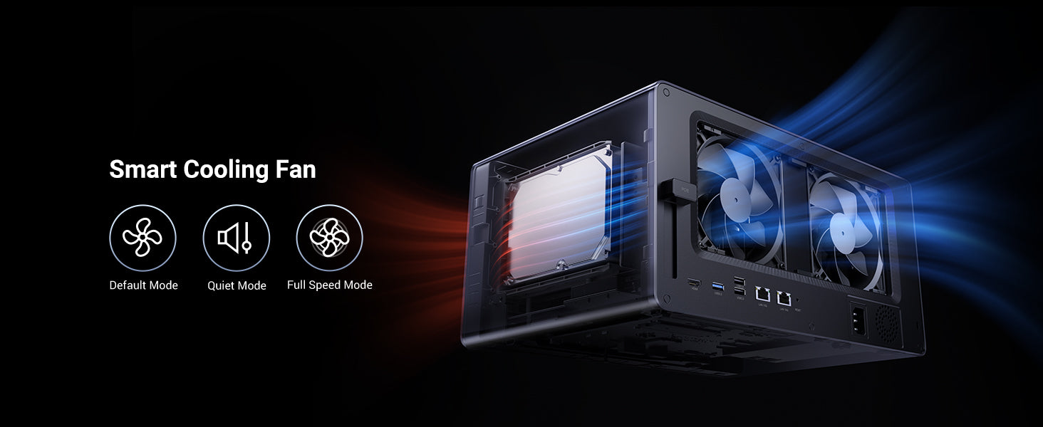 Smart cooling fan with three modes: Default (balanced), Quiet (low-noise), and Full Speed