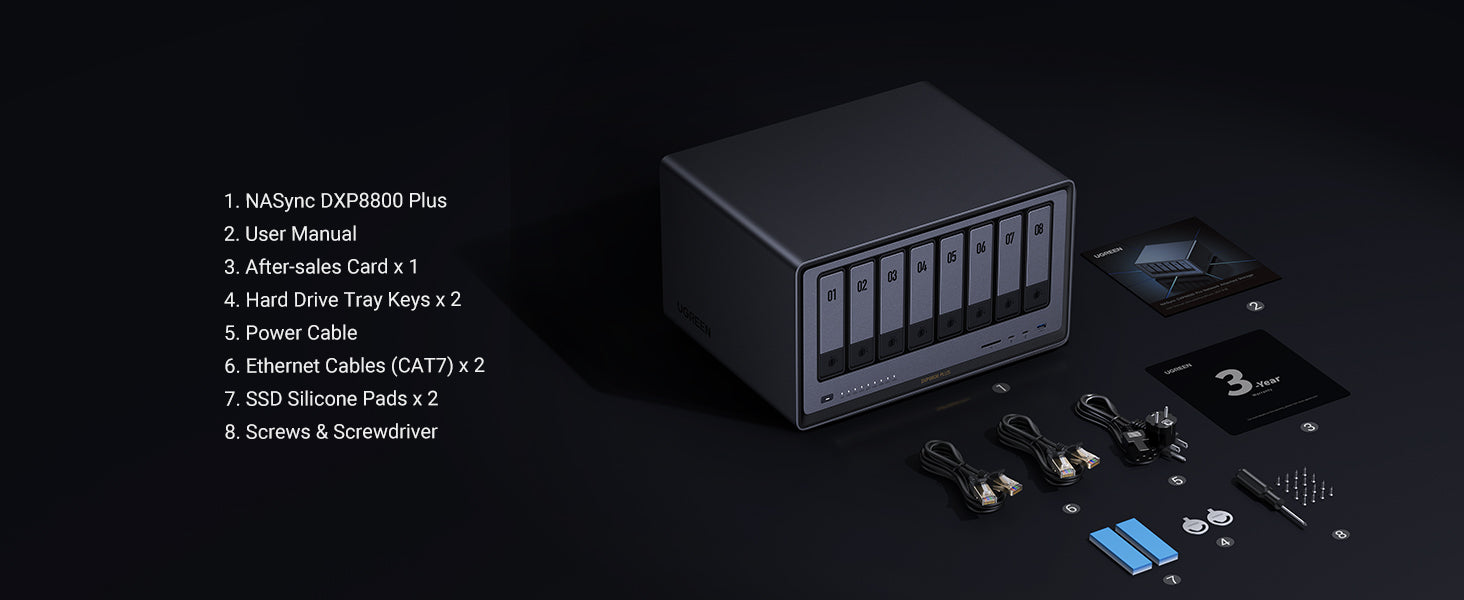 UGREEN 8bay NAS storage accessories include a power adapter, multiple cables, a user manual, a 3-year warranty card, two blue cooling strips, a small screwdriver and screws, all neatly arranged on a dark background.